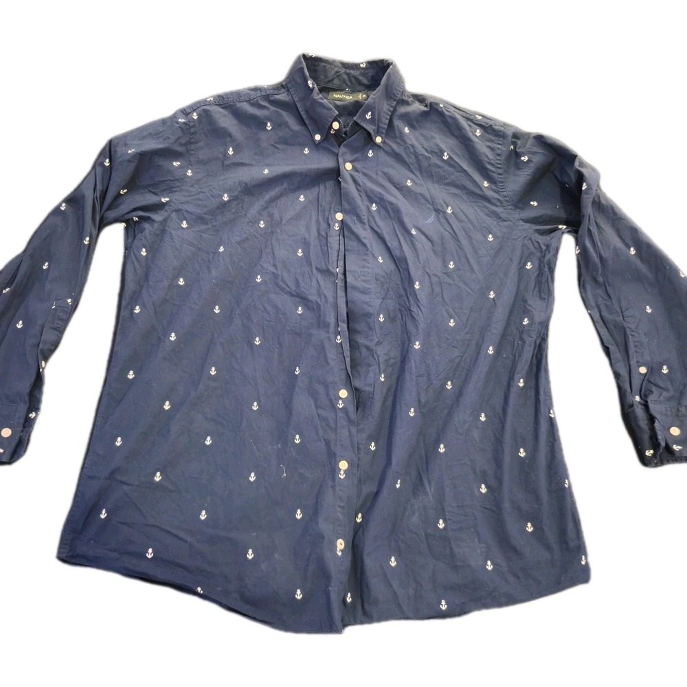 Nautica Men's Button Down‎ Shirt 2XL Navy Blue White Anchor Print Long Sleeve